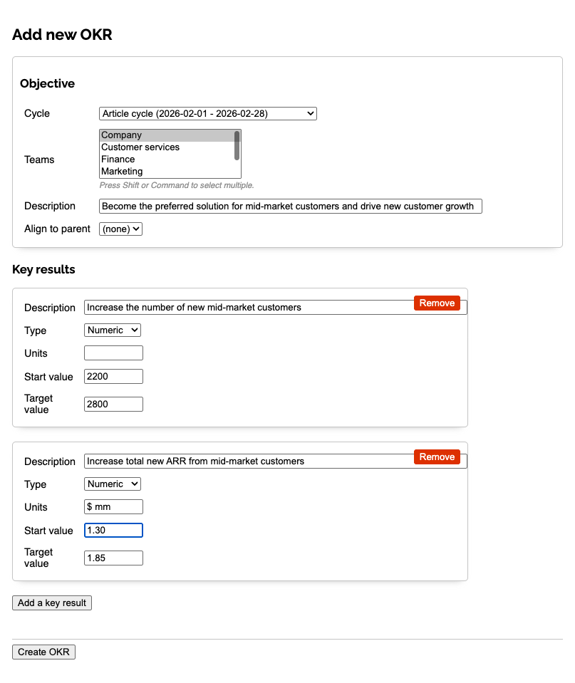 Form to create new company OKR