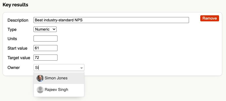 Screenshot of setting a single accountable owner for Objective or Key Result
