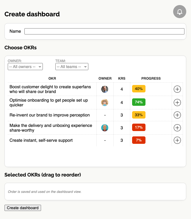 Screenshot of creation form for custom dashboards
