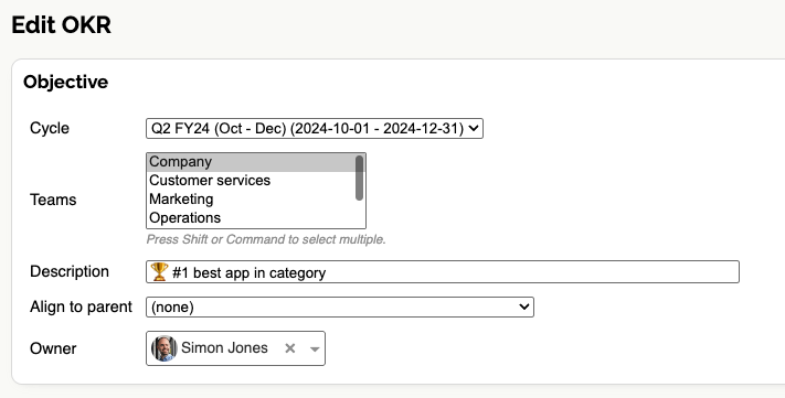 Screenshot showing setting an owner on an OKR