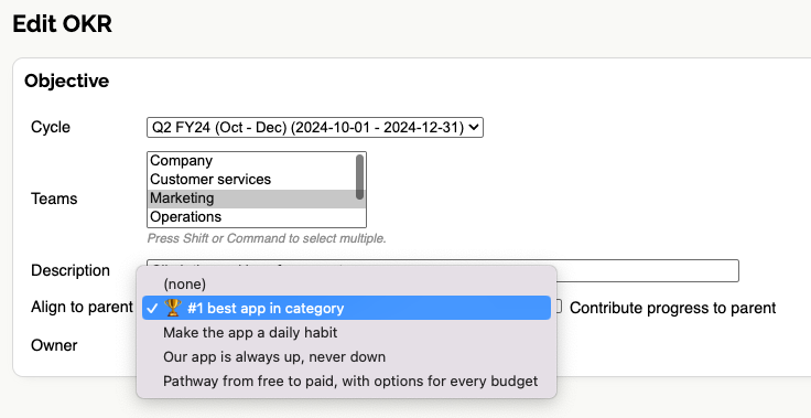 Picture of editing an Objective to set Parent Objective
