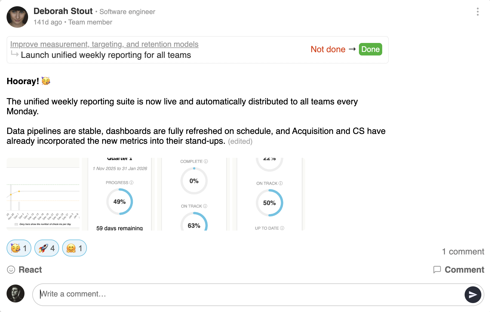 Screenshot of the activity feed in OKR Dash, showing recent activities and interactions